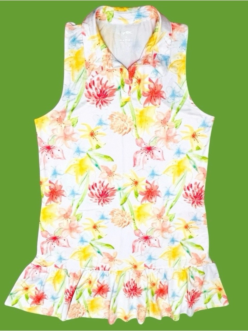 Gottex Dress Golf Tennis Tropical Lily Floral Sleeveless Ruffle Zip/Pockets L - Picture 2 of 11